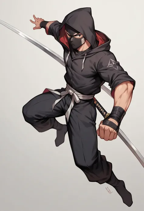 athletic man, black leagwear, black cowl. very big sword in your hands, he is very mysterious, fighting man, black clothing, wit...