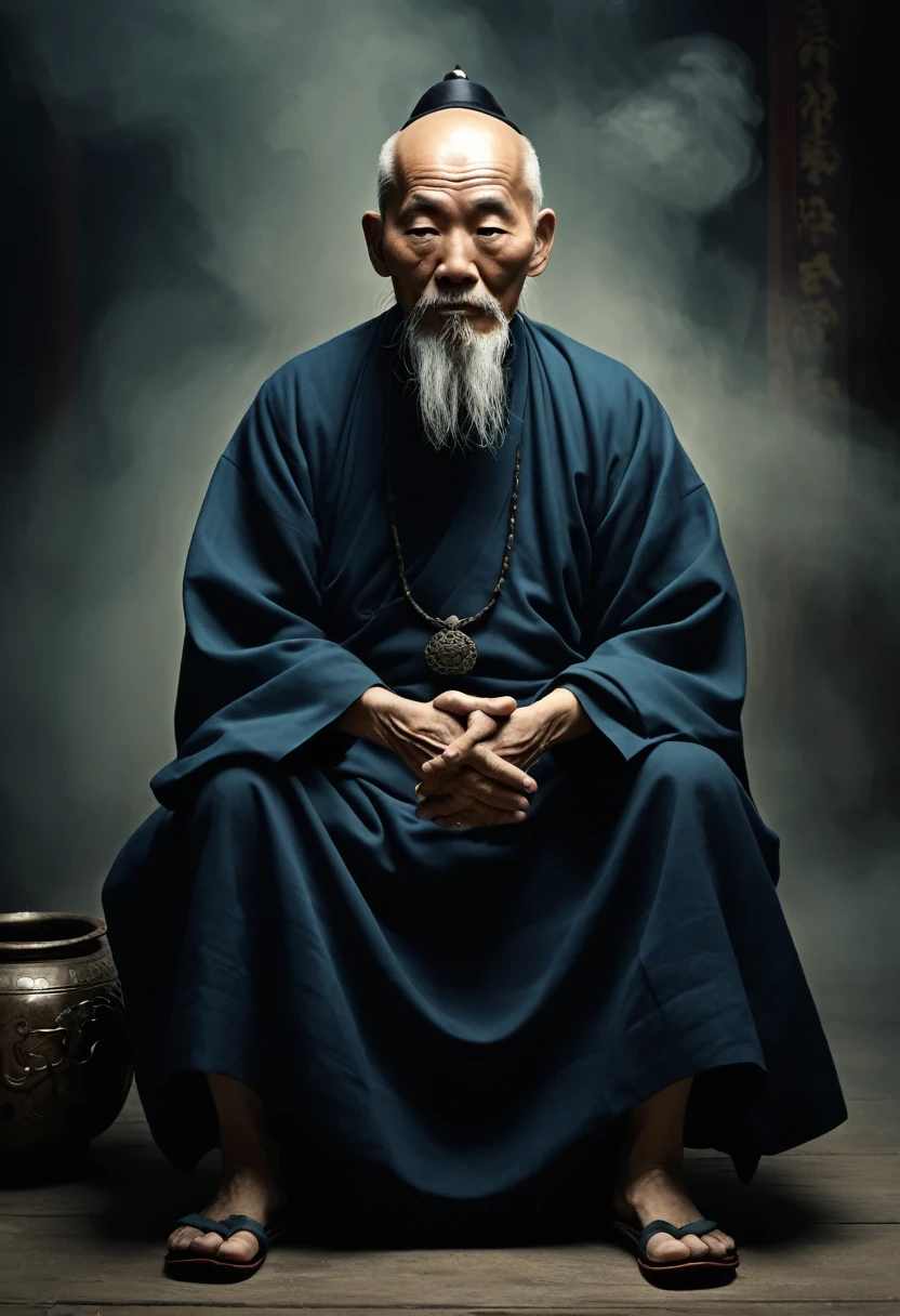 불가사의한 늙은 도교 승려, 주변의 으스스한 분위기와 함께.신비한 마법무기를 손에 쥐고 있어요. 