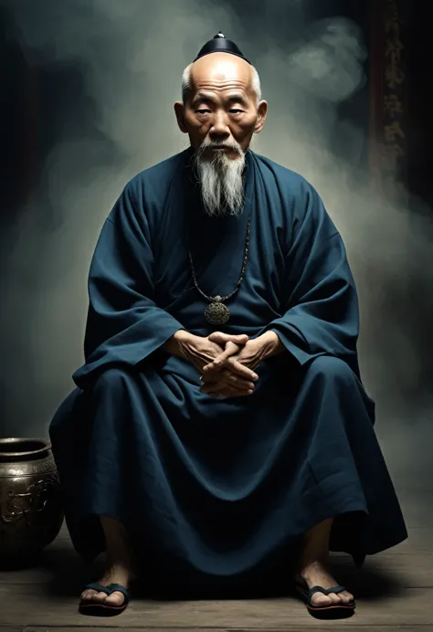 An inscrutable old Taoist priest, with an eerie atmosphere around him.I'm holding a mysterious magic weapon in my hand. 