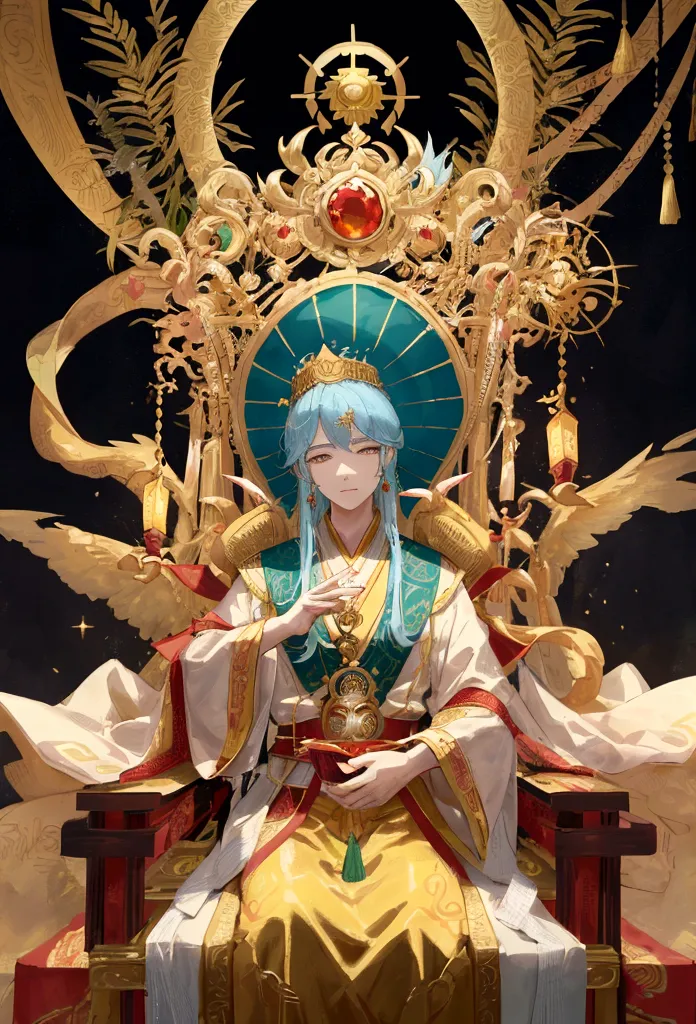 depict the jade emperor as an old, wise king seated on a magnificent golden throne in the heavenly realm. he is dressed in ornat...