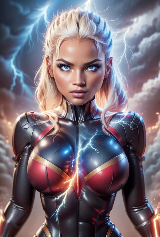 ragingstorm Storm brown eyes, superhero, ((red bodysuit)), (huge breasts:1.3, fakebreasts), best quality, hyper-detailed, intricate, extremely detailed, masterpiece, RAW, 8k UHD, extremely detailed face:1.3, detailed eyes:1.3, detailed body:1.3, (lightning, storm),
