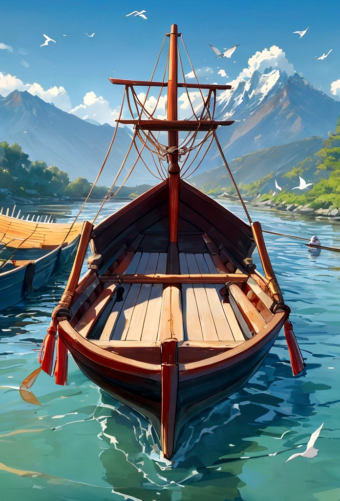 On a tranquil spring day, a fisherman dressed in traditional Jin Dynasty attire gently rowed a little wooden boat along a small creek. In the distance, mountain ranges loomed silently. Only the gentle murmur of the flowing water and the cheerful chirping of birds could be heard.