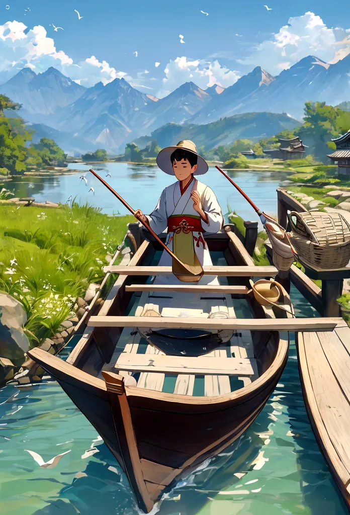 on a tranquil spring day, a fisherman dressed in traditional jin dynasty attire gently rowed a little wooden boat along a small ...