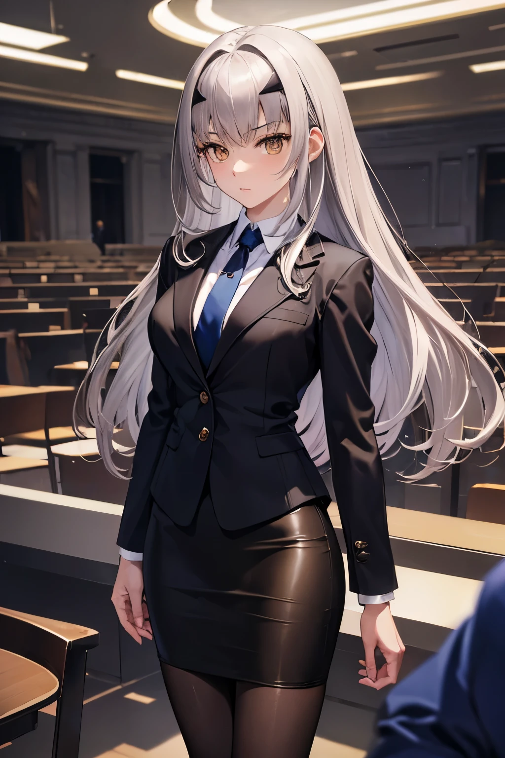 masterpiece, Highest quality, 1 person,( Large Breasts,Are standing, View your audience,),Detailed Background、A person who writes in detail、Accurate human body、Knowledgeable person、Accurate 5-finger,Mature Woman,Thighsが太い,Cruby Body,Melusine, (Brown eyes:1.5), Long Hair, ((Gray Hair)), Side Lock,Long sleeve、Thighs、alone,((formal,suit,Jacket,tie,Long sleeve,Pencil Skirt,pantyhose,))