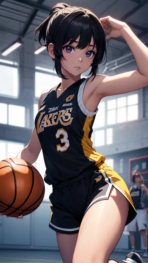 1girl, solo, masterpiece, best quality, ultra-detailed, short hair, tied hair, blunt bangs, black eyes, wearing a yellow basketb...
