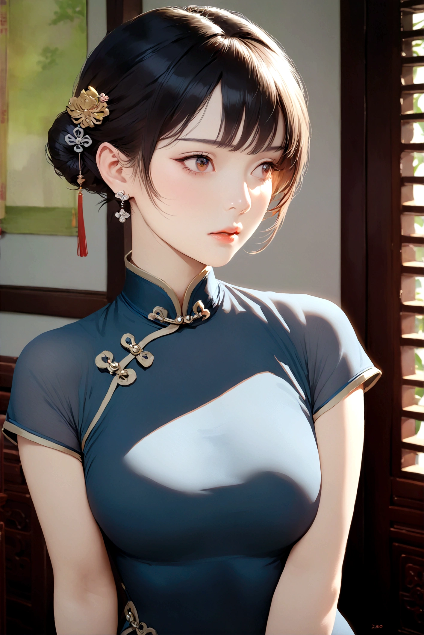 best quality, masterpiece,1girl, solo, breasts, short hair, black hair, hair ornament, cheongsam, brown eyes, jewelry, closed mouth, upper body, short sleeves, earrings, indoors, hair bun,black eyes, lips, looking to the side, blue cheongsam, looking away, chinese clothes, single hair bun, china cheongsam, realistic,