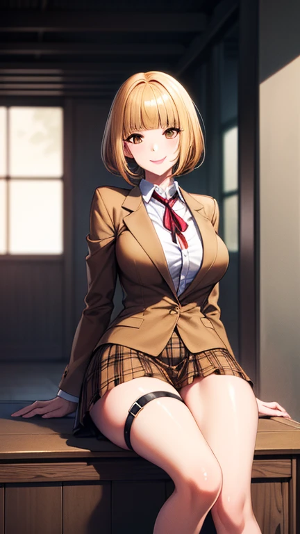 masterpiece, high quality, Fine grain, 
One girl, midorikawa hana, short hair, bangs, (Yellow Hair:1.0), (Brown eyes:1.0), blunt bangs,, (Mature Woman, Mature Woman:1.2), Large Breasts, (Volupture:1.2), Thick thighs, expensive, Long legs, Glowing Skin, Oily skin, Shiny skin, smile, (Muscular:0.7), (Genital tattoo:1.0),
alone, View your viewers, School, hole, whole body, (Contrasting:1.2), (Brown jacket neck ribbon, Collared shirt, Checkered short skirt:1.2), Knee socks, High heels, necklace, choker, Thigh straps,  cleft of venus,  Camel Toe,