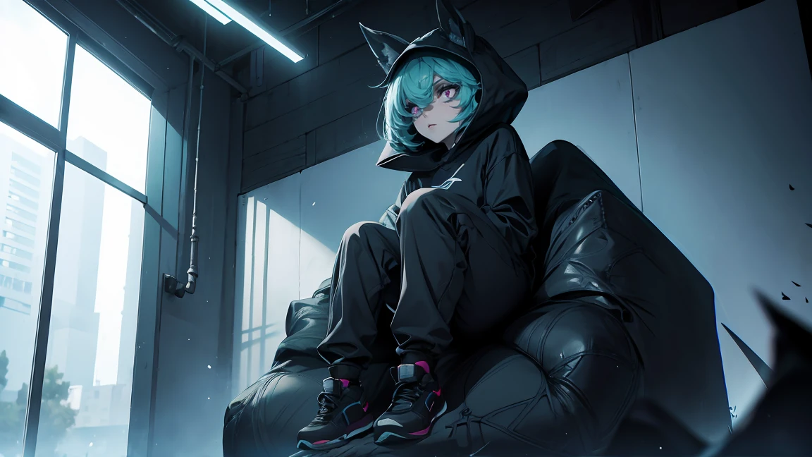 girl, large black sweatshirt, sitting posture, calm look, Sitting in front, legs open, a dark room, evil eyes, glowing skin, Looking ahead, facial expression