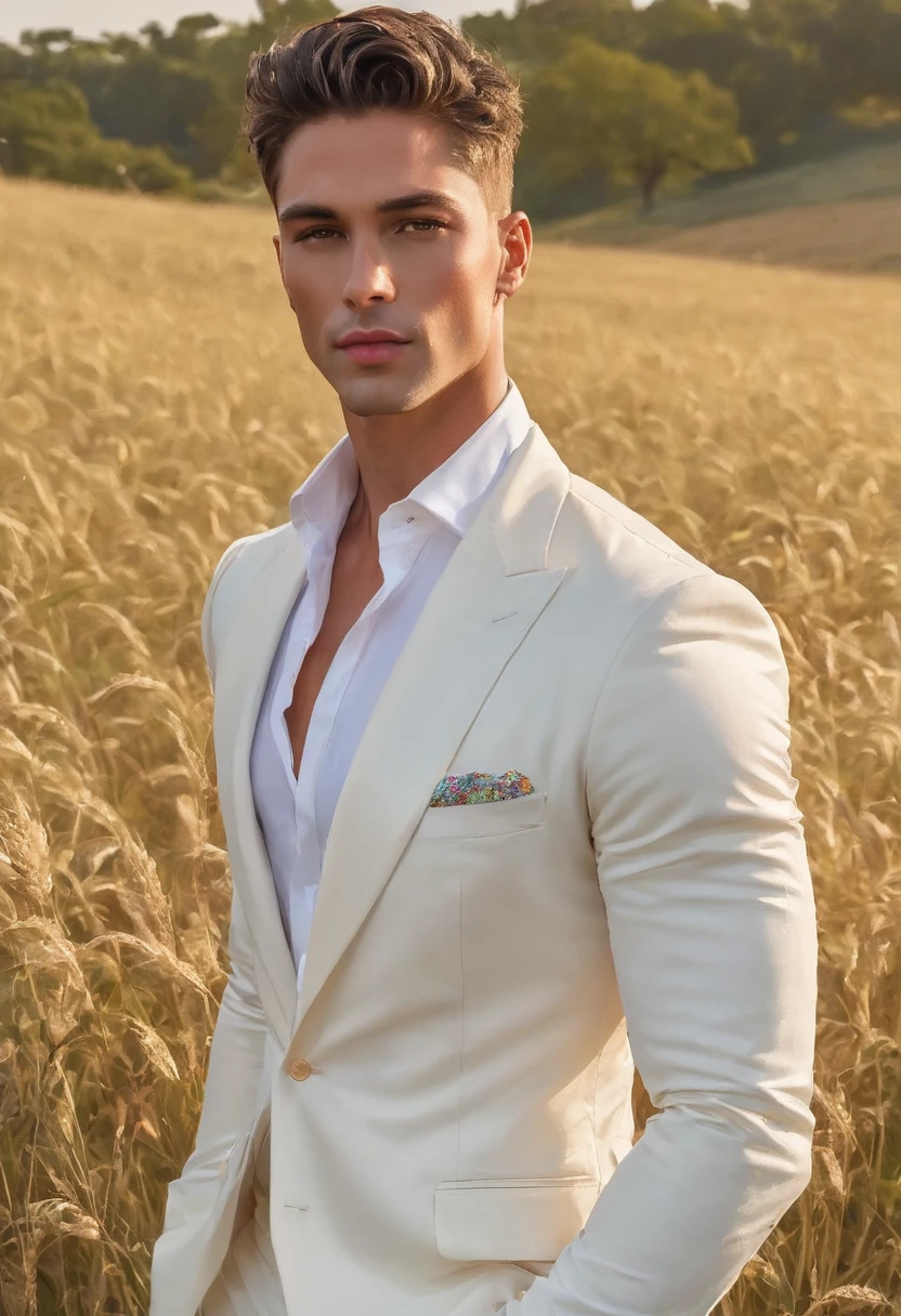 Candid Vogue fashion editorial shot of 2man, mixed of male supermodel, 24-37 year old, an attractive and charming,, masculine appearance, slender, delicate and symmetrical face, natural olive skin tone, (wearing white outfits with sheer rainbow color fabric details),  a graceful contrapposto stance (in the field), backdrop of light rainbow in the sky, Illuminate with soft diffused lighting to create a dreamlike celestial atmosphere, capturing the delicate interplay of light and shadow on face and body, ((full body shot)), wide-angle lens on a high-resolution DSLR camera to capture the grandeur and intricate details of the setting, while shooting dynamic angle to emphasize the model's majestic presence, Canon EOS R6, Sigma AF 85mm F1.4 EX DG HSM by Thomas Synnamon, professional fashion photographer, The overall mood blend the classical elegance of the modern, high-fashion aesthetic, producing an image that feels both timeless and contemporary, raw photo, ((masterpiece)), ((best quality)), High Resolution, (ultra_realistic), (photorealistic, ((Pay attention to the layer and arrangement of model and surrounding objects)), ((Pay attention to the body composition)), ((Correct body structure)), ((Correct photo distance)), romantic atmosphere, lively extremely Gorgeous background), gay, LGBTQ,