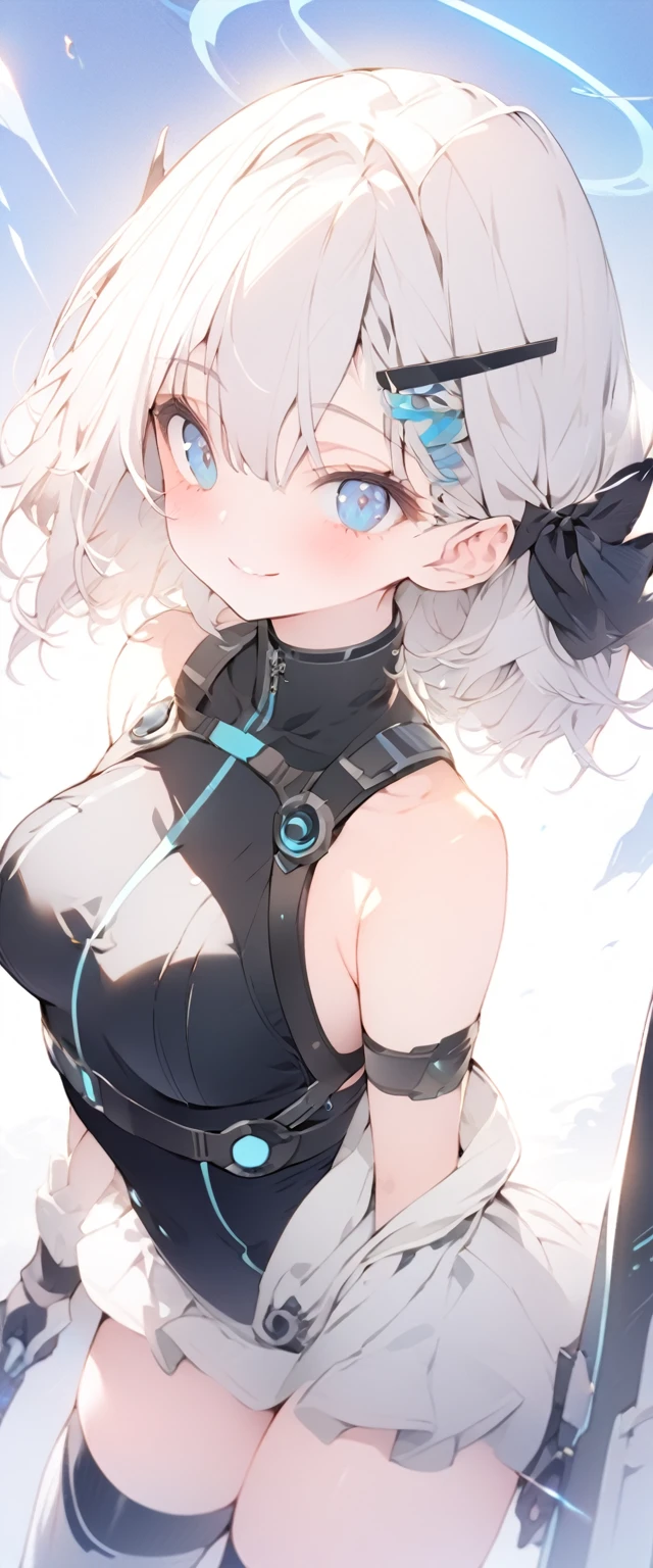 beautiful, masterpiece, Highest quality, anime, One girl, C Cup,Portrait Shot, View your viewers, Covered、Short Hair、nearby、Blue Eyes、art、、White hair,Blue streaked hair、wallpaper、hairpin、Cute smile、Thighs、、Sci-fi hair accessories、Sci-fi knee-high boots、Cute、Sci-fi underskirt、Sci-fi combat uniform、blue sky、Beautiful breasts、Sci-fi body harness、Sci-fi under harness