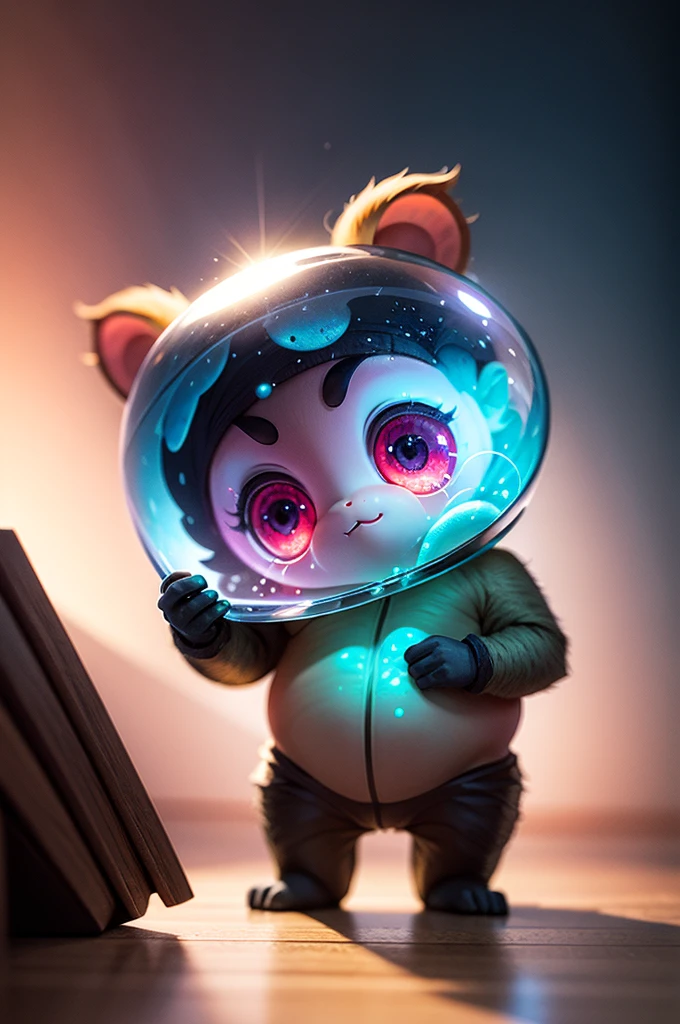 Chibi adorable cuddly monkey floating in space, wearing a glass helmet, moody, grainy, noisy, concept art, by Alberto Seveso, Cyril Rolando, Dan Mumford, Meaningful Visual Art, Detailed Painting, Digital Illustration, Unreal Engine 5, 32k maximalist, hyperdetailed fantasy art, 3d digital art, sharp focus, masterpiece, fine art