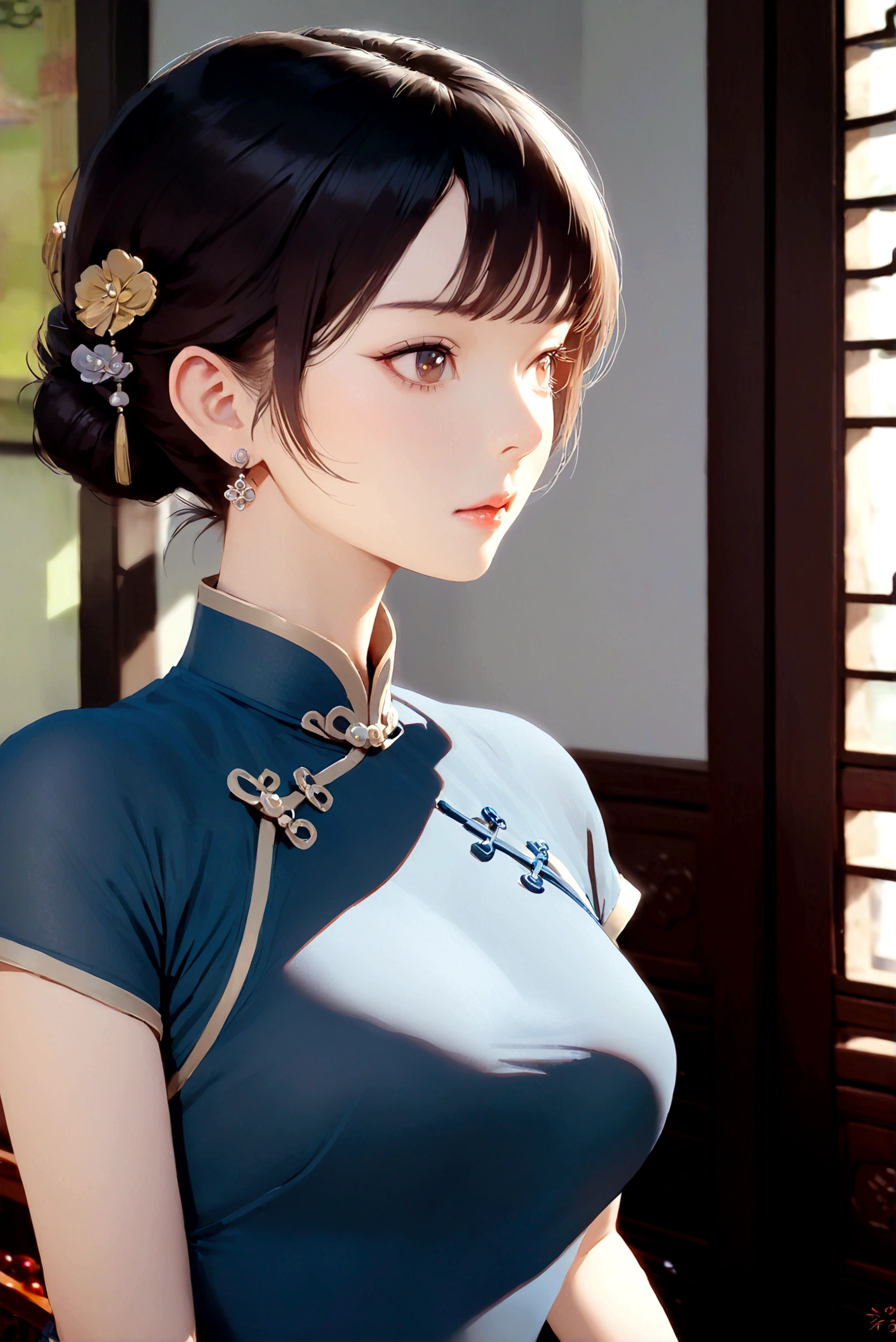 best quality, masterpiece,1girl, solo, breasts, short hair, black hair, hair ornament, cheongsam, brown eyes, jewelry, closed mouth, upper body, short sleeves, earrings, indoors, hair bun,black eyes, lips, looking to the side, blue cheongsam, looking away, chinese clothes, single hair bun, china cheongsam, realistic,