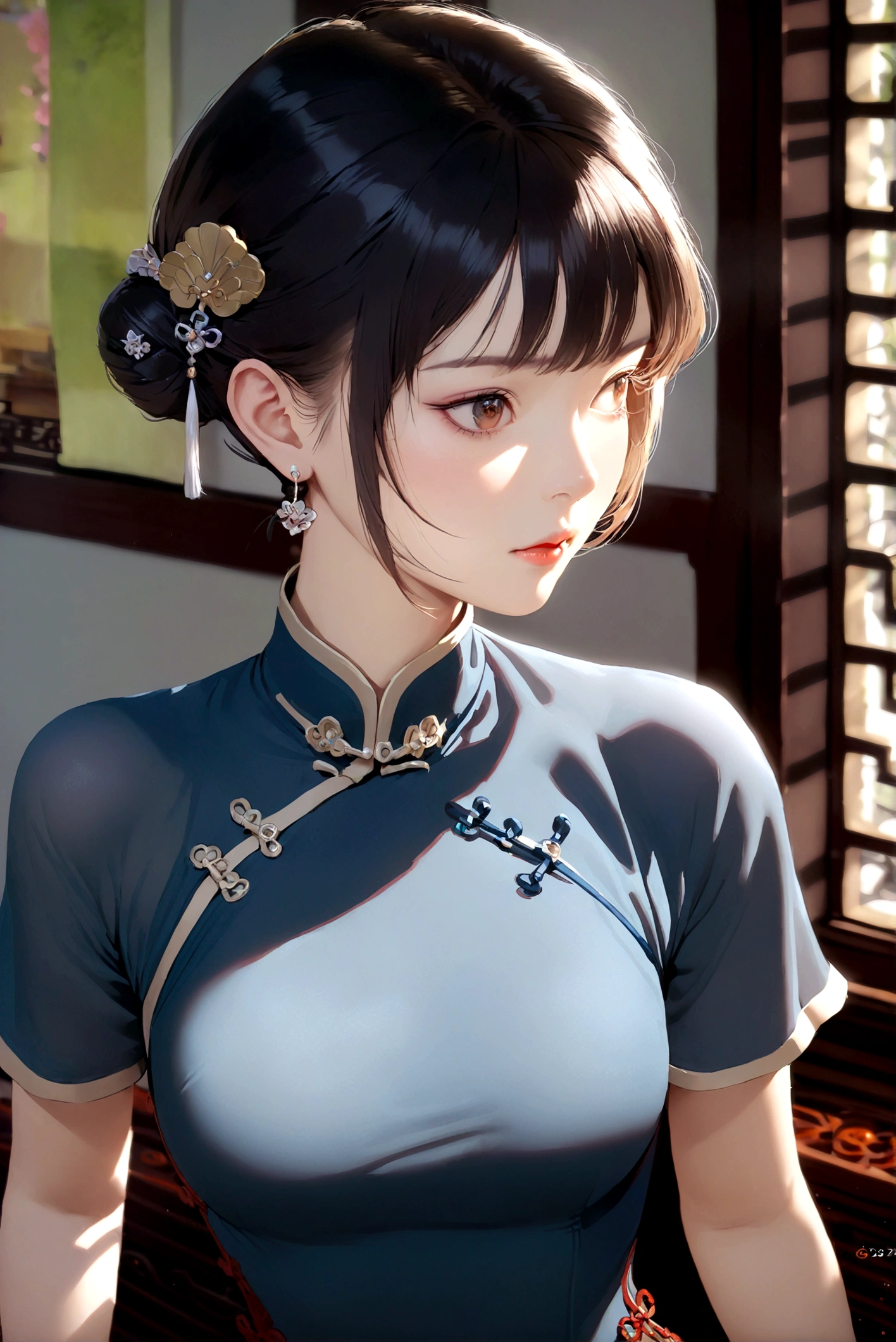 best quality, masterpiece,1girl, solo, breasts, short hair, black hair, hair ornament, cheongsam, brown eyes, jewelry, closed mouth, upper body, short sleeves, earrings, indoors, hair bun,black eyes, lips, looking to the side, blue cheongsam, looking away, chinese clothes, single hair bun, china cheongsam, realistic,