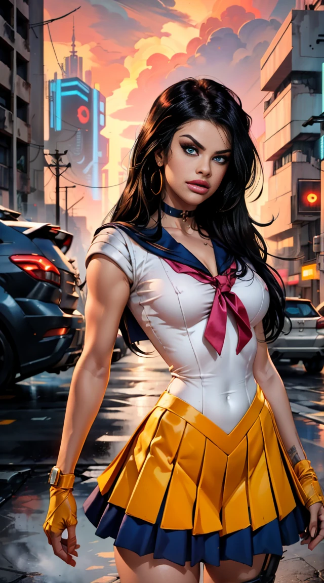 (La mejor calidad,A high resolution,Ultra - detallado,actual),Selena Gomez, (masterpiece, best quality;1.3), very detailed CG, very detailed, 1 girl, alone,  laugh,  looking at viewer, stylish angle, blonde long hair,blue eyes,
sv1, Sailor Sensi Uniform, Orange skirt, elbow bag, tiara, Orange Sailor Color, red bow, Orange Choker, white gloves, bijouterie, from above,,(Fondo de ruinas de mazmorra en ruinas cyberpunk :1.4 )
I have a lot of heart, face focus,venus,hurricane,abstract background, galaxy background,(Sailor Venus:1.4), (Sailor Venus V2.1), ,(Fondo de ruinas de mazmorra en ruinas piedras grandes cyberpunk :1.4 ),(perfect anatomy :1.4), (cinematic lighting :1.4),( dynamic cowboy pose), (fondo lluvia cayendo nublado tenebroso :1.4), (Selena Gomez :1.4), (Selena Gomez V2.1),( dedos detailed :1.4) 