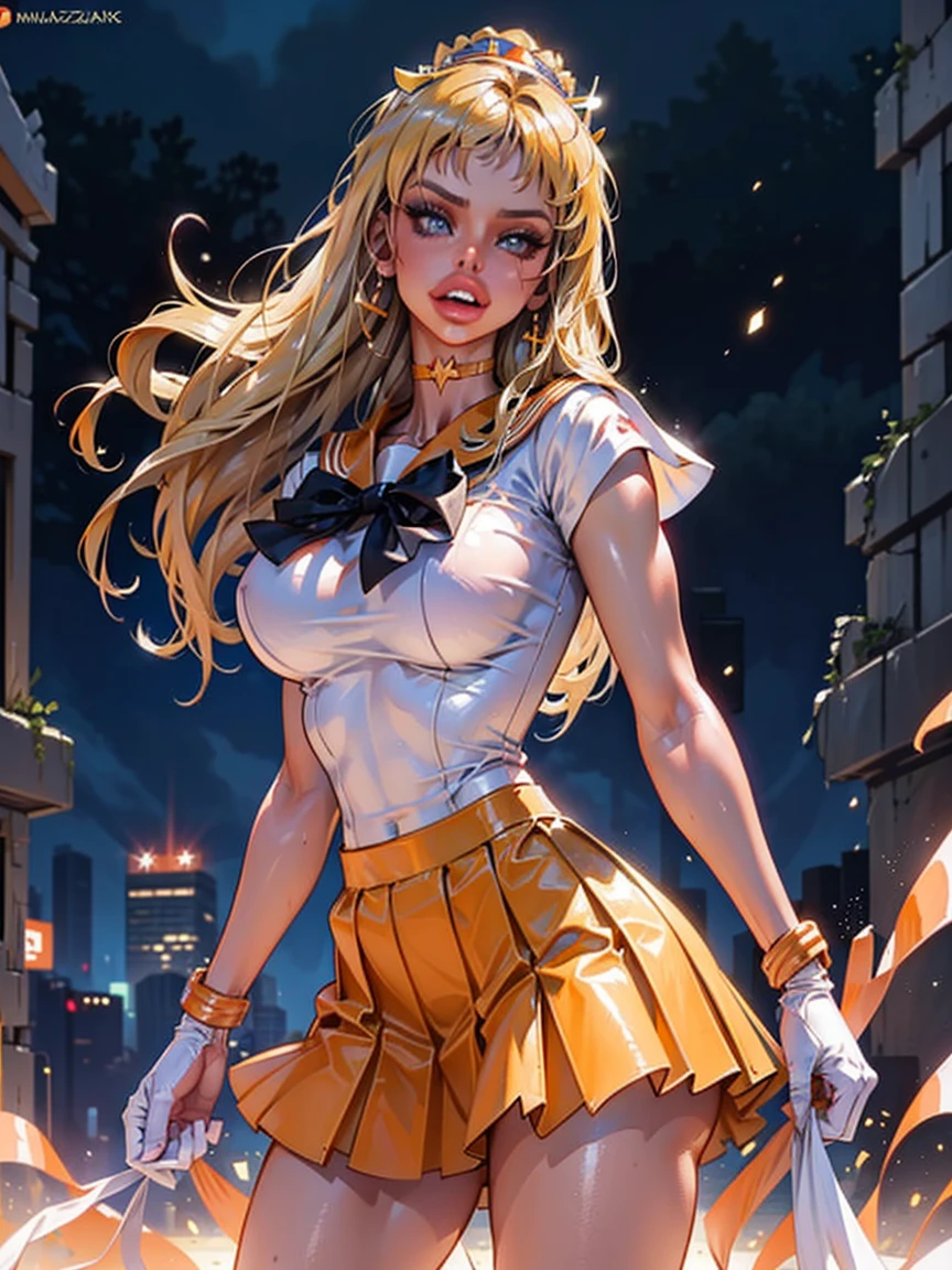 (La mejor calidad,A high resolution,Ultra - detallado,actual),Selena Gomez, (masterpiece, best quality;1.3), very detailed CG, very detailed, 1 girl, alone,  laugh,  looking at viewer, stylish angle, blonde long hair,blue eyes,
sv1, Sailor Sensi Uniform, Orange skirt, elbow bag, tiara, Orange Sailor Color, red bow, Orange Choker, white gloves, bijouterie, from above,,(Fondo de ruinas de mazmorra en ruinas cyberpunk :1.4 )
I have a lot of heart, face focus,venus,hurricane,abstract background, galaxy background,(Sailor Venus:1.4), (Sailor Venus V2.1), ,(Fondo de ruinas de mazmorra en ruinas piedras grandes cyberpunk :1.4 ),(perfect anatomy :1.4), (cinematic lighting :1.4),( dynamic cowboy pose), (fondo lluvia cayendo nublado tenebroso :1.4), (Selena Gomez :1.4), (Selena Gomez V2.1),( dedos detailed :1.4) 