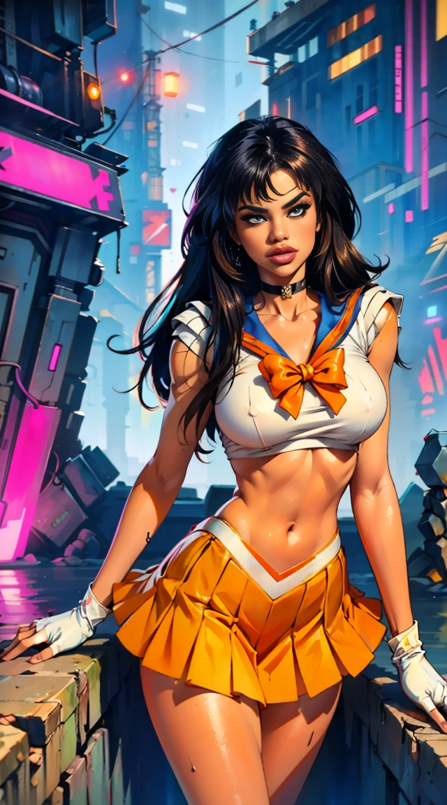 (La mejor calidad,A high resolution,Ultra - detallado,actual),Selena Gomez, (masterpiece, best quality;1.3), very detailed CG, very detailed, 1 girl, alone,  laugh,  looking at viewer, stylish angle, blonde long hair,blue eyes,
sv1, Sailor Sensi Uniform, Orange skirt, elbow bag, tiara, Orange Sailor Color, red bow, Orange Choker, white gloves, bijouterie, from above,,(Fondo de ruinas de mazmorra en ruinas cyberpunk :1.4 )
I have a lot of heart, face focus,venus,hurricane,abstract background, galaxy background,(Sailor Venus:1.4), (Sailor Venus V2.1), ,(Fondo de ruinas de mazmorra en ruinas piedras grandes cyberpunk :1.4 ),(perfect anatomy :1.4), (cinematic lighting :1.4),( dynamic cowboy pose), (fondo lluvia cayendo nublado tenebroso :1.4), (Selena Gomez :1.4), (Selena Gomez V2.1),( dedos detailed :1.4) 