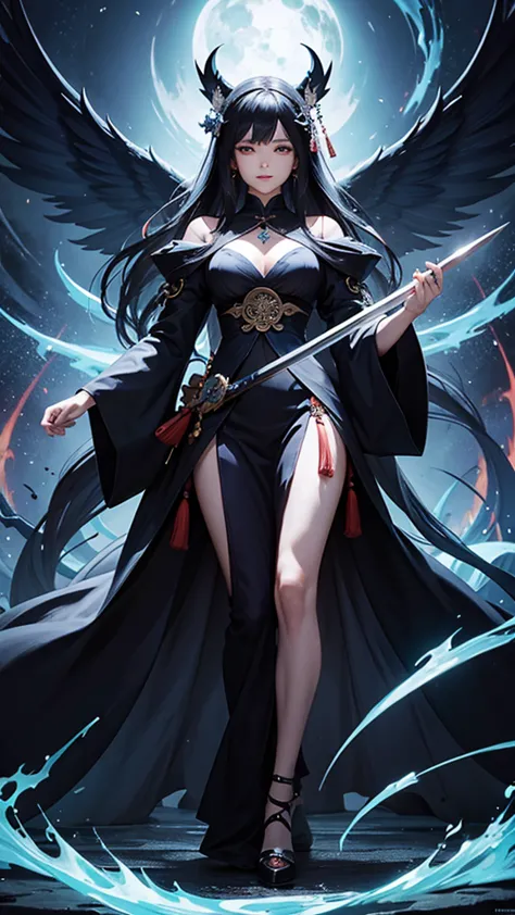 a woman in a dress、close-up of woman holding sword, dark witch full view, dark witch fullbody pose, full body fairy, beautiful f...