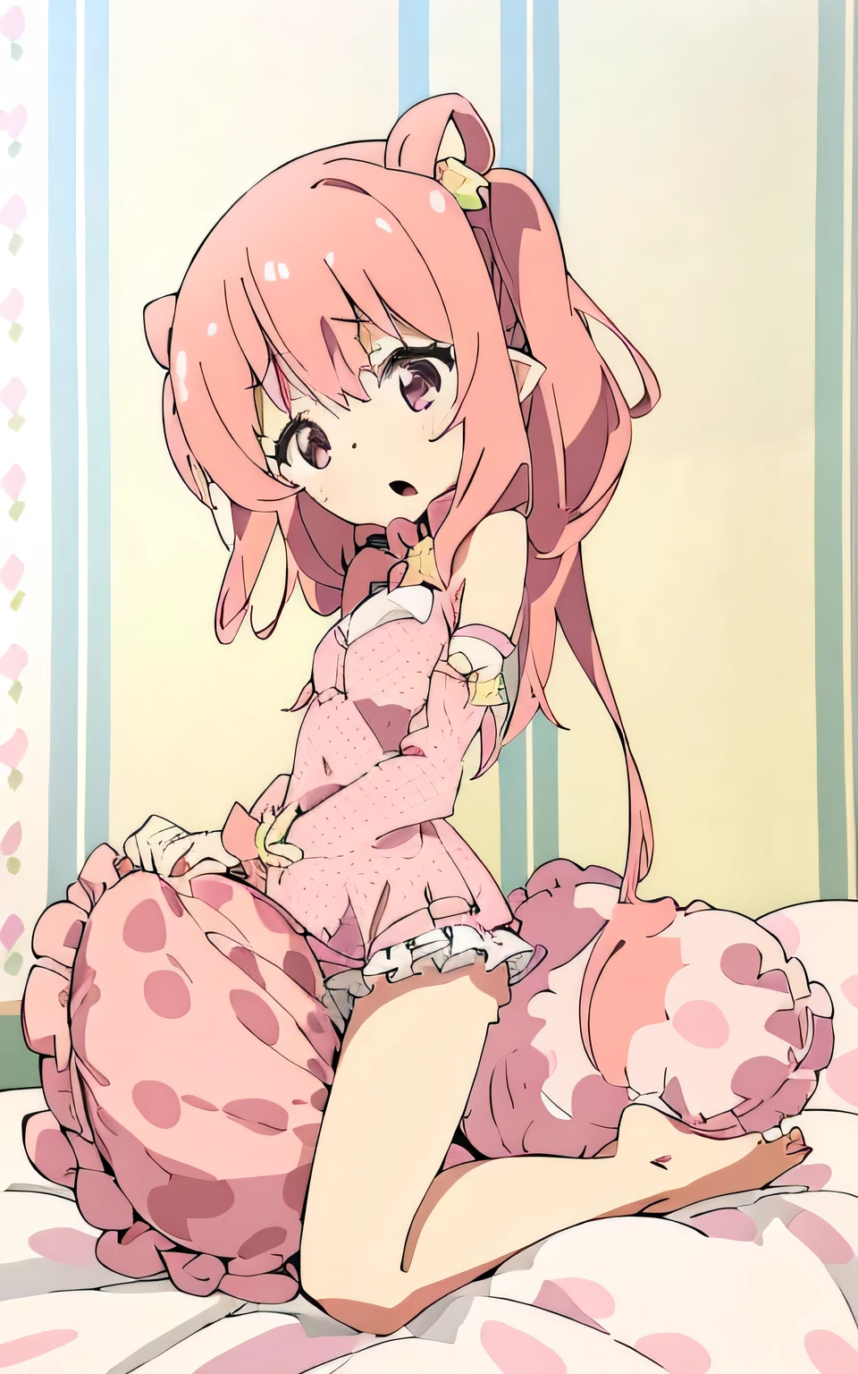 Anime girl with pink hair and pink dress sitting on bed - SeaArt AI