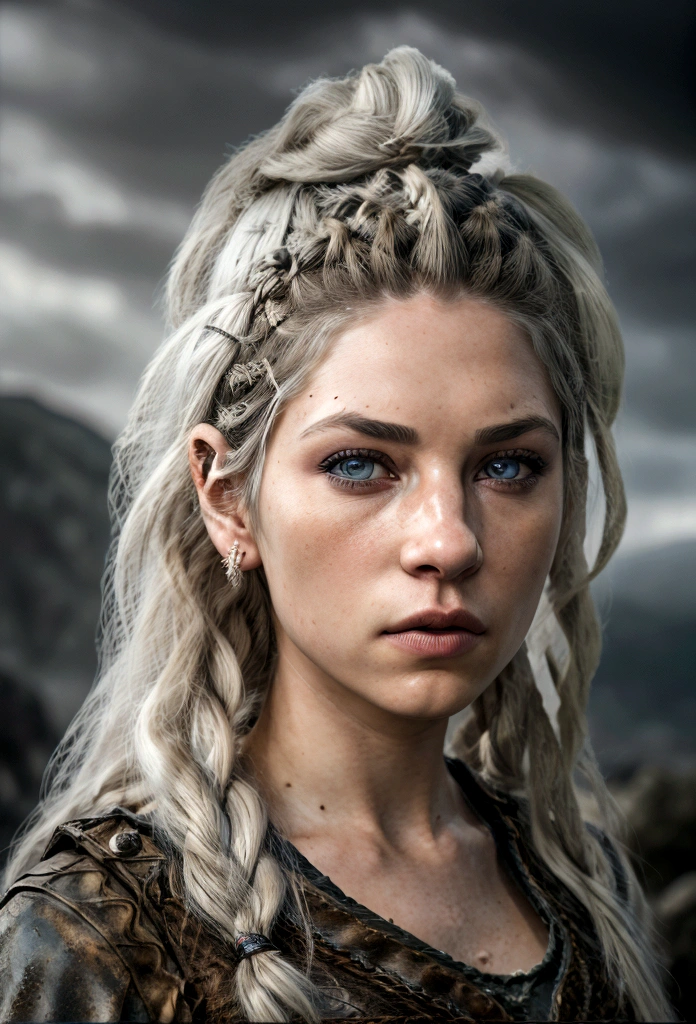 A realistic image for a photograph of a Targaryen princess in the appearance of a Targaryen warrior. Her body is incredibly defined, muscular, and feminine, reflecting both strength and grace. Her white hair cascades in multiple braids, adorned with intricate details. Her clear violet eyes emit a radiant energy, giving her an almost otherworldly aura. Her thick and precisely shaped eyebrows frame her striking and perfectly symmetrical face. The teenage girl of classic Valyrian appearance, with white hair, purple eyes and slim build, with violet eyes. Her expression is one of solemn determination, reflecting her preparation for battle. In the background, An active volcano spews fiery plumes, Its molten intensity contrasting with the gray sky above. The camera chosen captures the warrior's entire body, showing both her warrior stance and her inherent elegance. The image conveys the perfect mix of beauty, strength, and ferocity that defines this Targaryen warrior. The contrast between his delicate features and his robust physique, combined with the fiery backdrop, creates an image that is both captivating and evocative, Cinematic, Hyper Detailed, Crazy Details, Beautifully Colored, Unreal Engine, DOF, Super Resolution, Mega Pixel , cinematic Lightning, Antialiasing, FKA, TXAA, RTX, SSAO, Post-processing, Post-production, Tone mapping, cgi, visual effects, sound effects, Incredibly detailed and intricate, Hyper maximalist, Hyper realistic, volumetric, Photorealistic, ultra photoreal , ultra detailed, intricate details, super detailed, full color, volumetric lightning, HDR, realistic, Unreal Engine, 16k, sharp focus, octane rendering