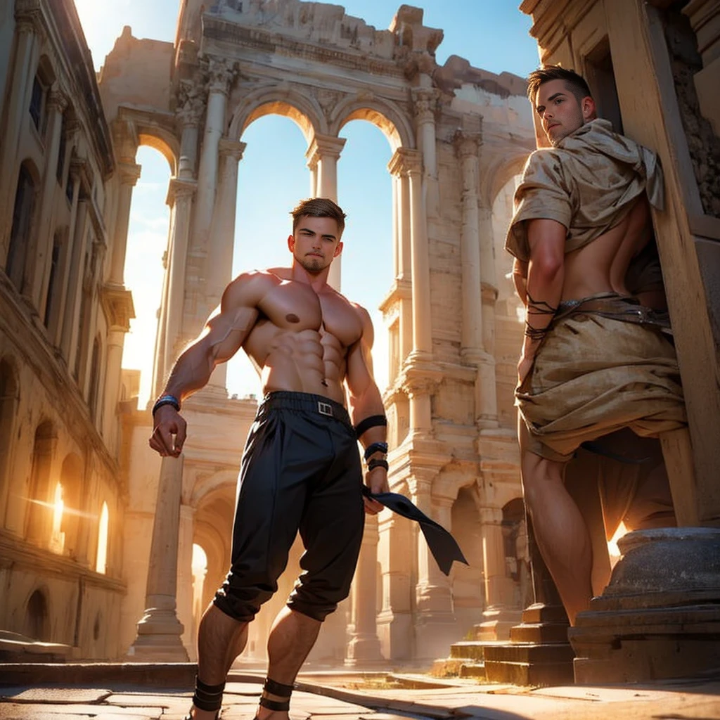 Mighty gladiator Stephen AMELL, chest uncovered, lower body revealed from thighs to feet, cascading long curls, detailed muscular physique, lifelike depiction, 32K resolution. Background: Colosseum during a spectacular sunset,32k uhd, best quality, masterpiece, super detail, high details