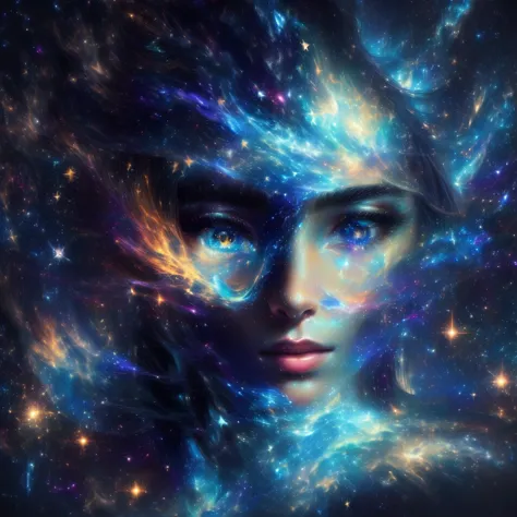 a close up of a woman's face with stars in the background, portrait of a cosmic entity, portrait of a cosmic goddess, face melti...