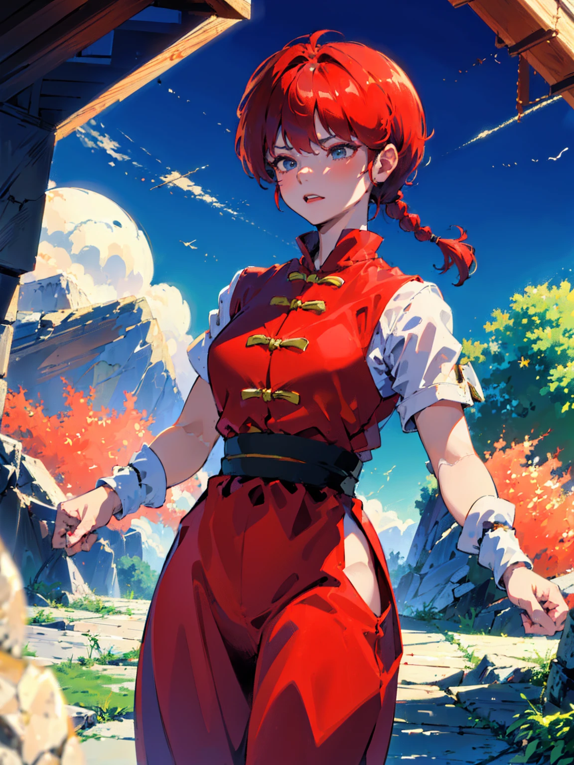 ((masterpiece:1.4)), expensive quality, very_expensive_solve, big_file size, Full Color, Thick outline, Clear contours, colorful, (Beautiful fine details, Are thin:1.4), ((Beautiful Face:1.0)), ((Boyish face:1.4)), 1 girl, (Ranma), (Redhead), short hair, (Braided Ponytail), ((bangs)), bumpy bangs, Blue-gray eyes, Big Breasts, Curvy, Ranma, Braided Ponytail, (Red Chinese Clothing, Short sleeves in red), No sleeve, Tangzhuang, (Black trousers), , Tangzhuang, (Black trousers), Are standing, ((, Are thin:1.4)), ((from the front:1.4)), Are thin:1.4
