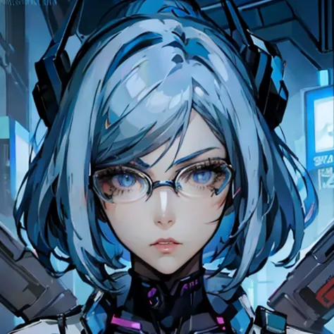 Anime girl with blue hair and glasses holding a gun, Robot-Silver Hair Girl, Digital Cyberpunk Anime Art, Cyberpunk anime girl m...