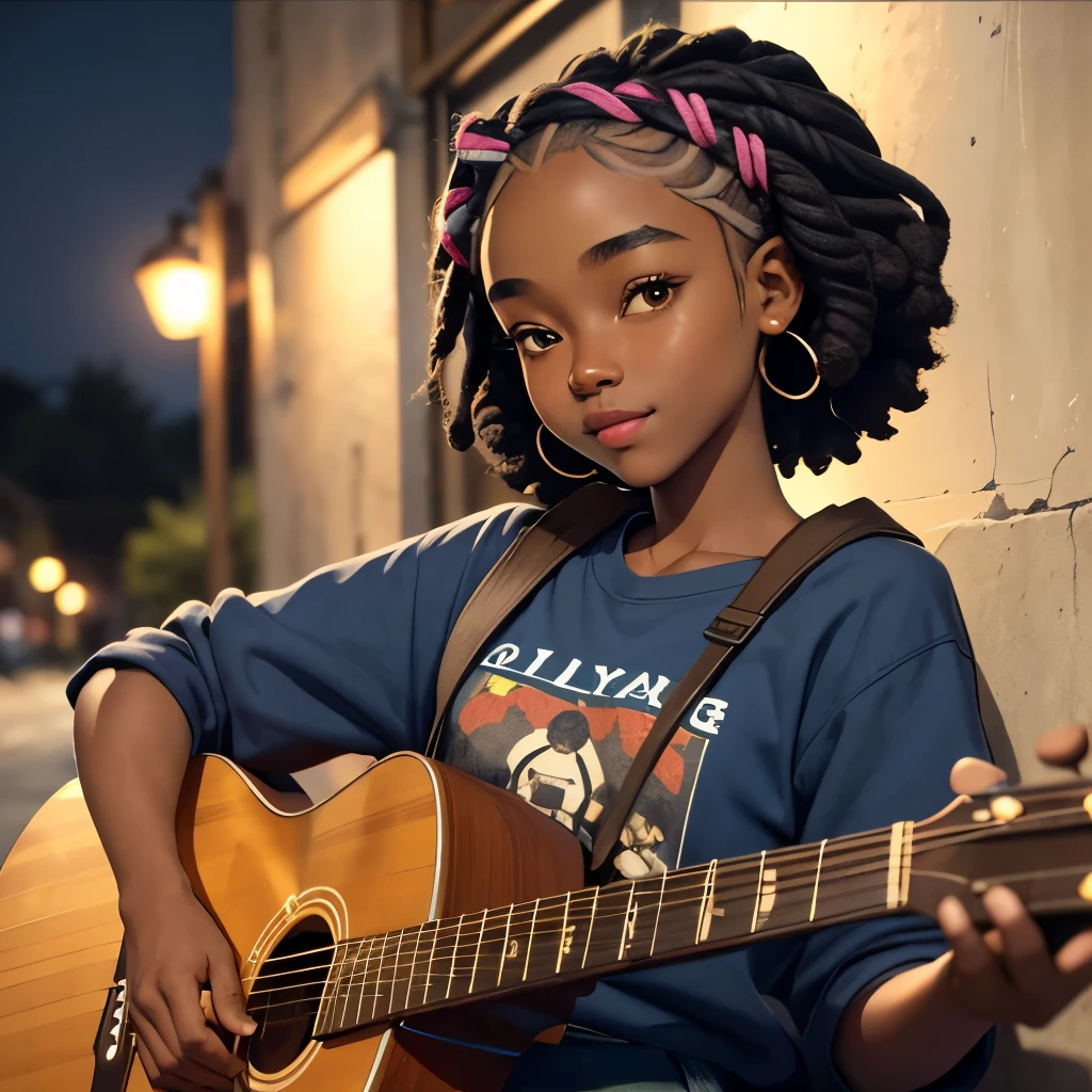 masterpiece, best quality), deep ebony 1 girl, men, beautiful face, short Afro braids , cute, , beautify, Lofi vibe,, cute night vibe, concentrated, hands outside of the picture , chill clothing, cute look, clothing is dry and baggy, small breasts, teen vibe, cute smile, outside, guitar, top of the hill