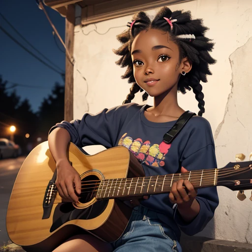 masterpiece, best quality), deep ebony 1 girl, men, beautiful face, short Afro braids , cute, , beautify, Lofi vibe,, cute night vibe, concentrated, hands outside of the picture , chill clothing, cute look, clothing is dry and baggy, small breasts, teen vibe, cute smile, outside, guitar, top of the hill