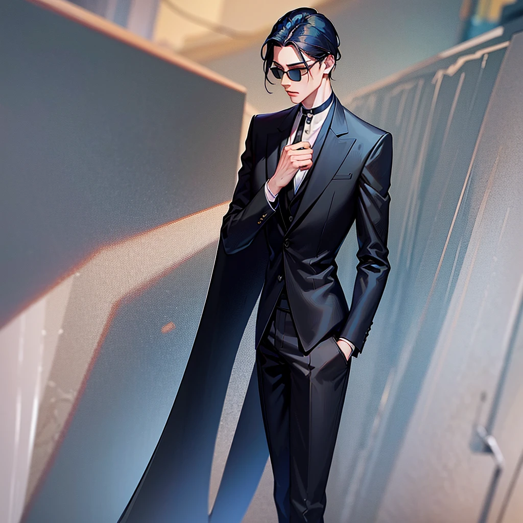 a tall skinny boy with very long dark blue hair, wearing a black suit, black choker, orange round sunglasses, 8k, high quality, masterpiece