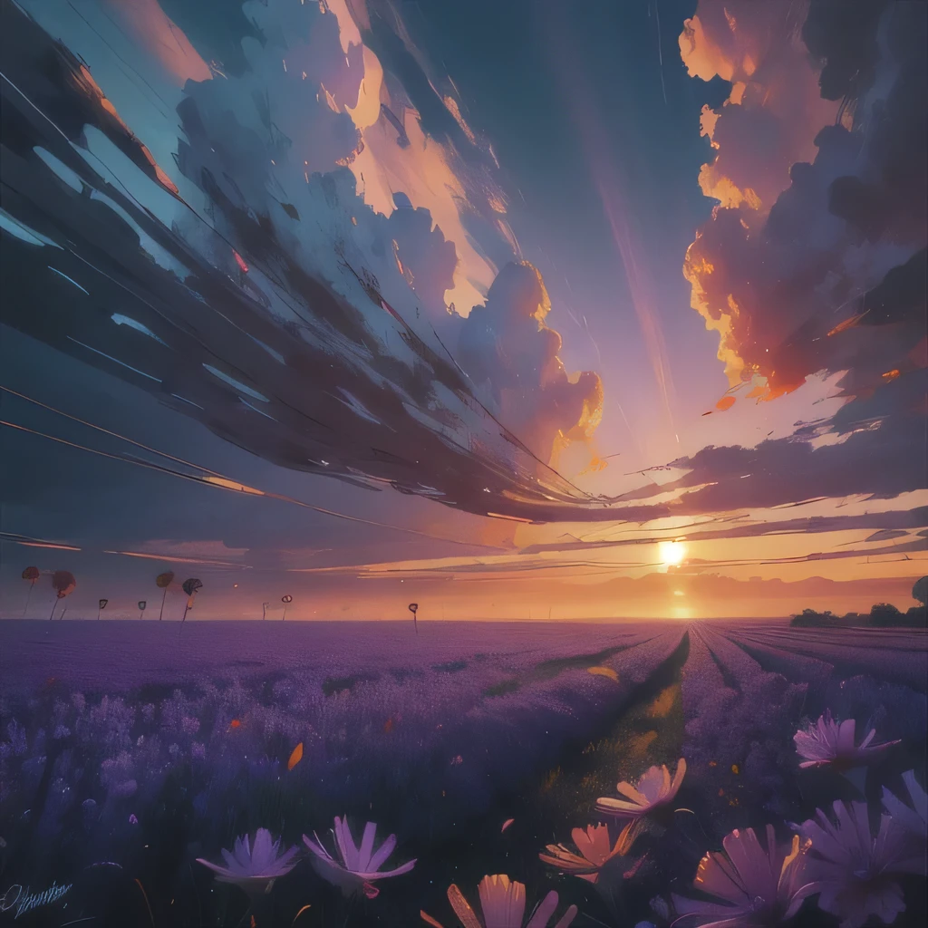 sunset lighting, cinematic perfect light, dramatic lighting, (Paint colliding and splashing on the canvas), purple_flower, 
