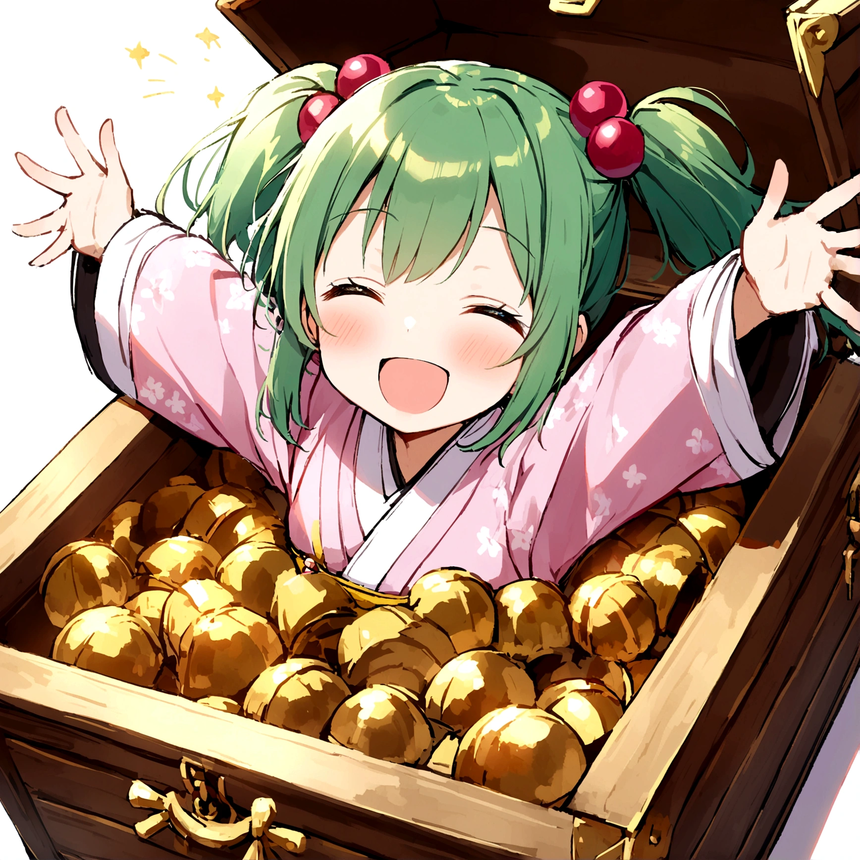 1girl, solo, blush, smile, short hair, open mouth, hair ornament, long sleeves, twintails, closed eyes,  japanese clothes, green hair, wide sleeves, kimono, outstretched arms, hair bobbles, Treasure Chest, in container, wooden Treasure Chest, in Treasure Chest, kisume