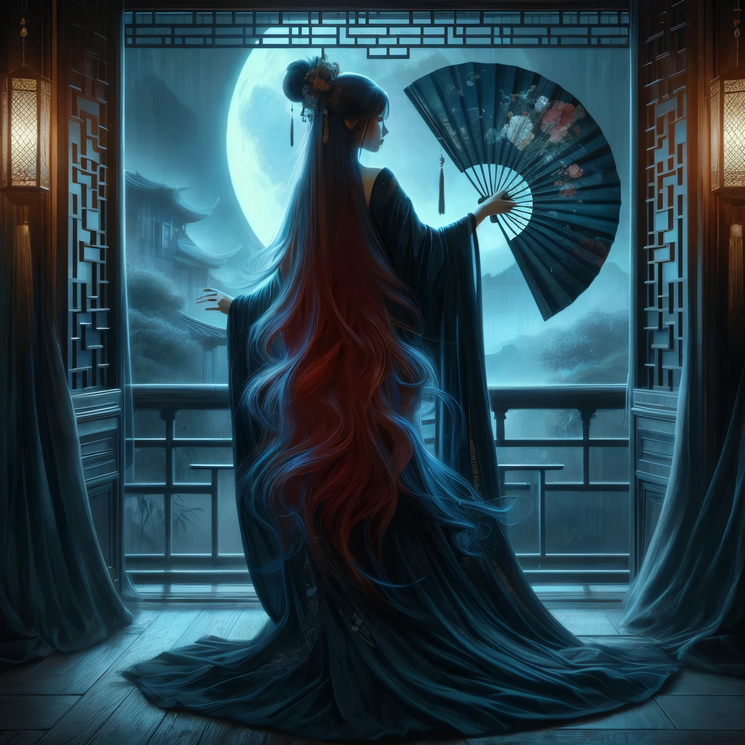 Uma mulher asiática ultra bonita, cabelo azul vermelho-dourado longo, segurando um leque de luta asiático longo, preto, muito ornamentado e antigo, com licor, vestindo um longo roupão preto de mulher chinesa, em uma sala escura onde o luar entra pela janela aberta da varanda, Jardim Chinês, céu noturno, Tinta preta, no estilo de Caravaggio, Fã Zhongzheng, e Da Vinci, Resolução 8K, hiperdetalhado, fotorrealista, um estilo de arte de pintura a óleo, Sfumato,