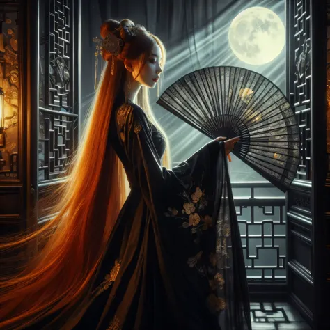 An ultra beautiful Asian woman long red-golden blonde hair, holding a very ultra ornate long black ancient liquored Asian fighti...