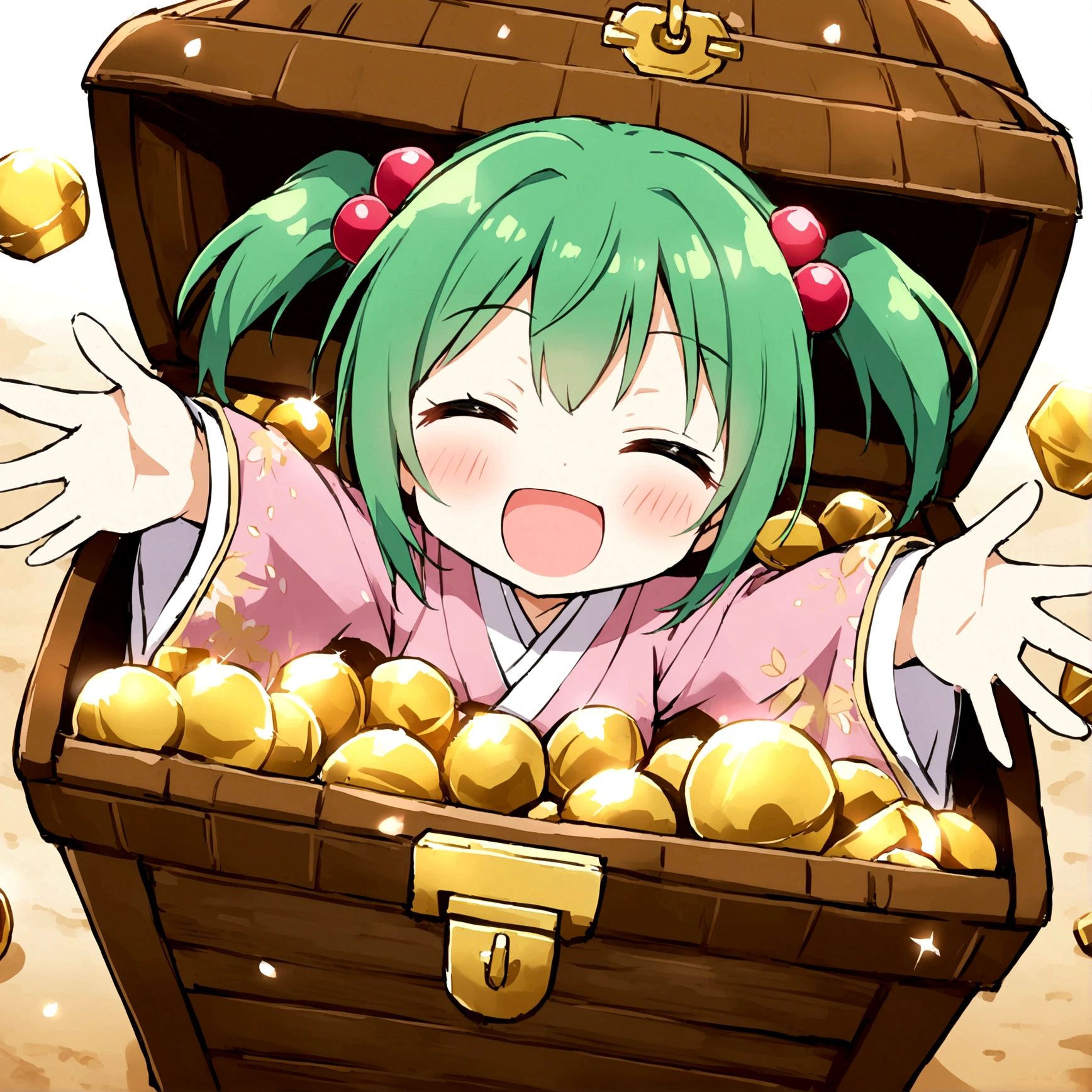 1girl, solo, blush, smile, short hair, open mouth, hair ornament, long sleeves, twintails, closed eyes,  japanese clothes, green hair, wide sleeves, kimono, outstretched arms, hair bobbles, Treasure Chest, in container, wooden Treasure Chest, in Treasure Chest, kisume