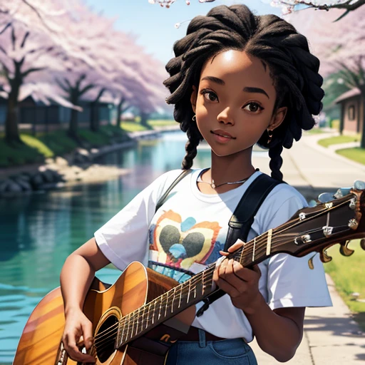 masterpiece, best quality), deep ebony 1 girl, men, beautiful face, short Afro braids , cute, , beautify, Lofi vibe,, daytime vibe, concentrated, hands outside of the picture , chill clothing, cute look, clothing is dry and baggy, small breasts, teen vibe, cute smile, outside, guitar, next to the river, morning, cherry blossoms 