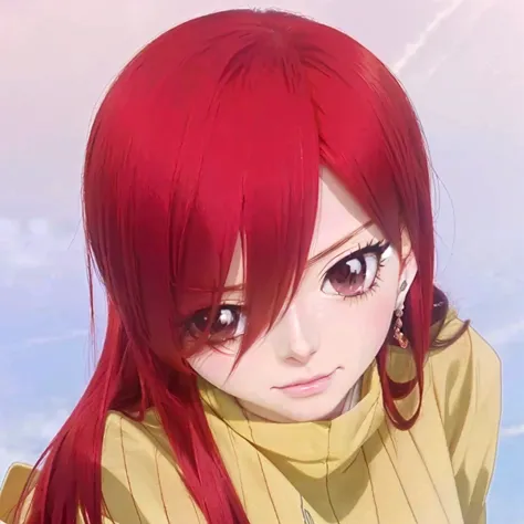 anime girl with red hair and a yellow shirt, erza scarlet as a real person, anime girl named lucy, she has red hair, anime style...