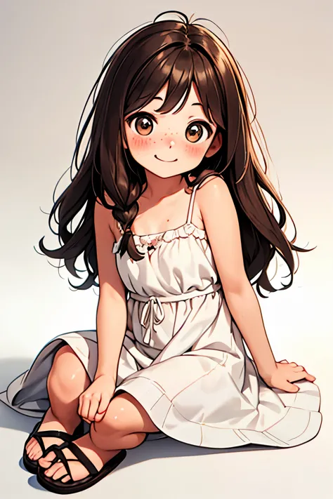 Chibi , full body , big hazel eyes , long wavy hair without bangs , brunette , white summer dress with straps , pretty sandals ,...