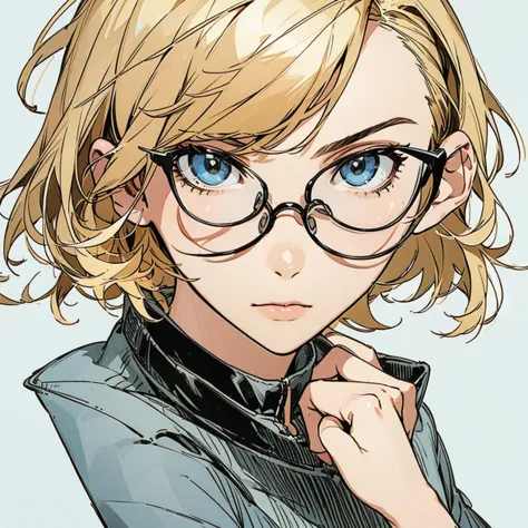 A pretty girl with short blonde hair and glasses