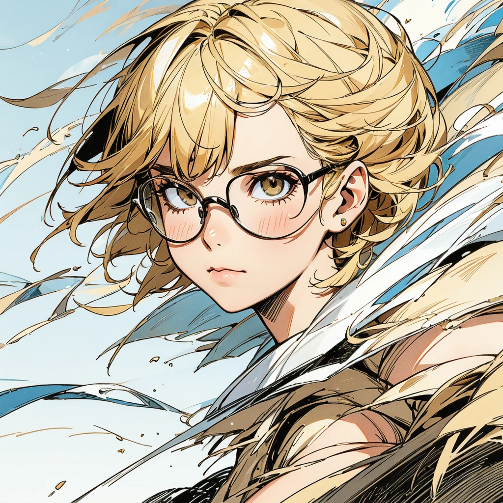 A pretty girl with short blonde hair and glasses