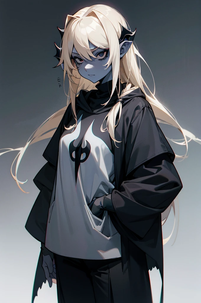 1girl, tan skin, (pale blonde hair), spider girl, all black eyes, demonic, clothing design, tomboy, standing, black and grey clothing, blue accent color, chill expression, blank white background