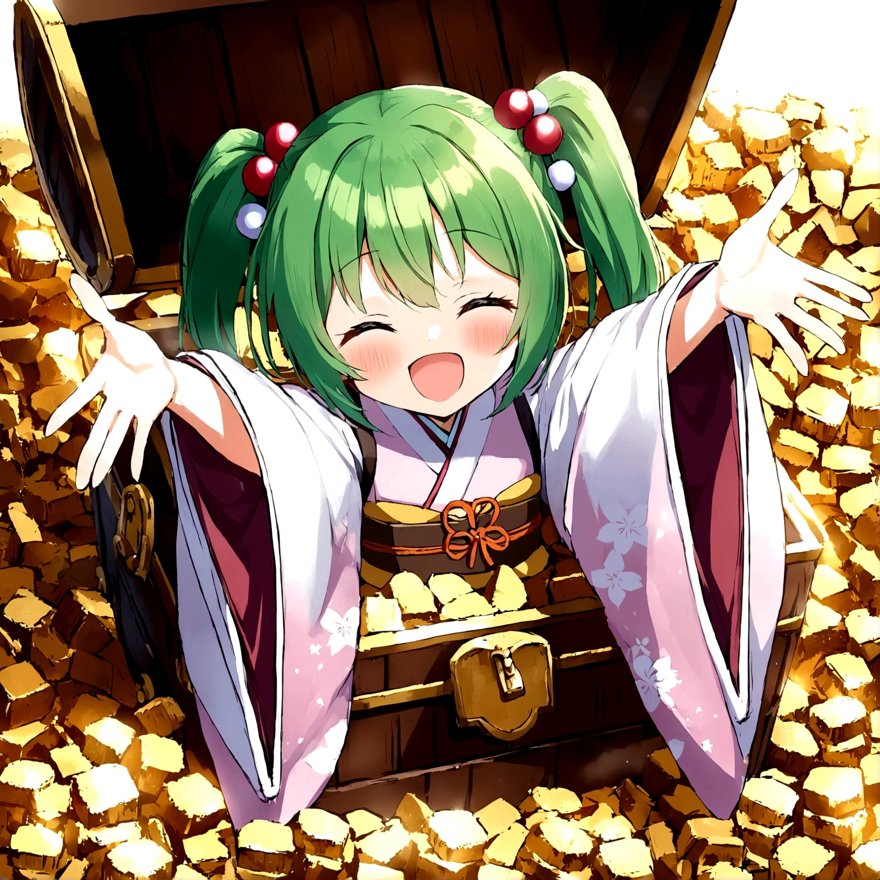 1girl, solo, blush, smile, short hair, open mouth, hair ornament, long sleeves, twintails, closed eyes,  japanese clothes, green hair, wide sleeves, kimono, outstretched arms, hair bobbles, Treasure Chest, in container, wooden Treasure Chest, in Treasure Chest, kisume