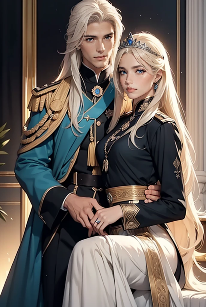 A tall, handsome, statuesque, courageous young man-platinum blonde, dressed in an ancient military uniform, he has armor, long straight platinum hair, blue eyes, tanned skin, he sits astride a black horse, and looks at an incredibly beautiful young femme fatale blonde with blue eyes, dressed in a luxurious princess dress, she has long golden hair, long bangs, tiara. They're in love.Masterpiece, beautiful face, beautiful facial features, perfect image, realistic photos, full-length image, 8k, detailed image, extremely detailed illustration, a real masterpiece of the highest quality, with careful drawing. glow. In full growth.