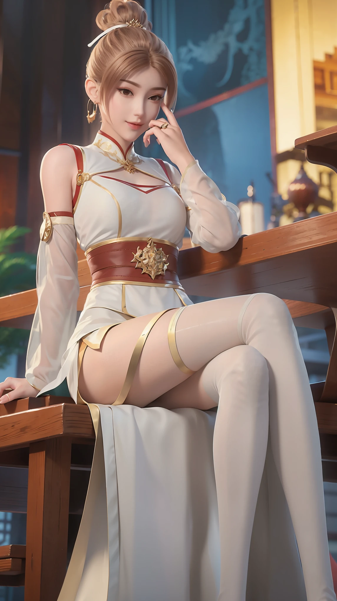 ((Shot in the knee)), ((From below)),A young girl, Wearing a skirt，At the bar, sit on the chair, Cross your legs, Posing elegantly, Detailed scenario, Messy long hair, Brown hair, Light makeup, Blush Blush, Beautiful slender legs, (Very high color saturation), details, Ultra Detailed, (masterpiece, Best quality), (Extremely exquisite and beautiful work), Delicate earrings, Exquisite necklace, Simple blur background, Extremely detailed description, Super Fine, Delicate face, slim body, Thin waist, (Grin), (Anatomically correct)，whole body，barefoot