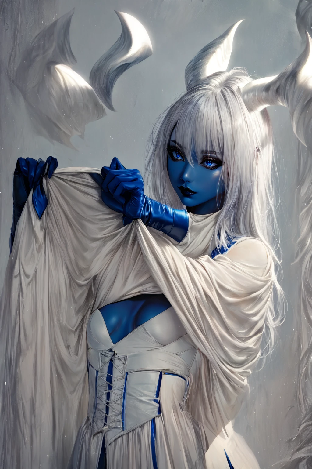 1girl, colored skin, white skin, alabaster skin, white horns, long white hair, long dark blue leather gloves, removing dark blue turtleneck, dark blue lipstick and eyeliner, beautiful face, glowing blue eyes, white leather corset, blue collar, undressing 