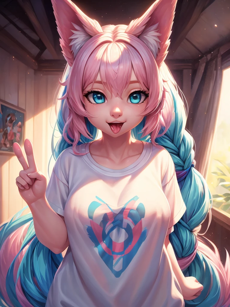 a short humanoid girl with pale human skin, bright turquoise-colored eyes, long pink hair in a braid, large fluffy pink dog ears, big fluffy pink dog tail, average breasts, wearing baggy oversized white t-shirt, holding up a peace sign, poking out tongue, (best quality,4k,8k,highres,masterpiece:1.2),ultra-detailed,(realistic,photorealistic,photo-realistic:1.37),detailed eyes,detailed lips,extremely detailed eyes and face,long eyelashes,portrait,highly detailed,vibrant colors,soft lighting,cute,adorable,kawaii,studio lighting,digital painting