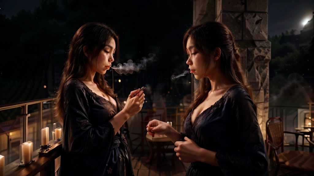 Beautiful woman smoking on the balcony at night。profile