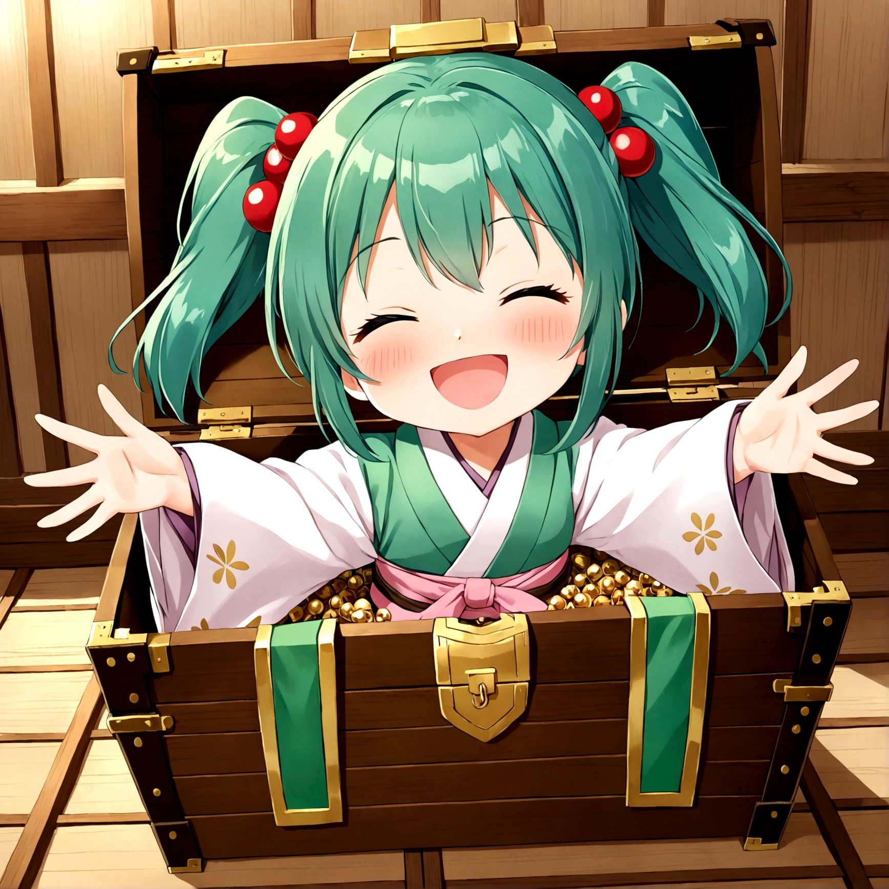 1girl, solo, blush, smile, short hair, open mouth, hair ornament, long sleeves, twintails, closed eyes,  japanese clothes, green hair, wide sleeves, kimono, outstretched arms, hair bobbles, Treasure Chest, in container, wooden Treasure Chest, in Treasure Chest, kisume