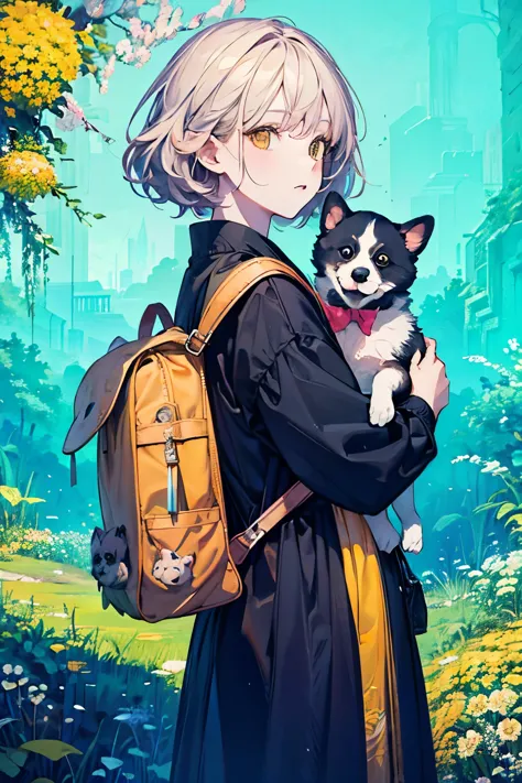 Prompt: An incredibly charming  carrying a backpack, accompanied by her adorable puppy, enjoying a lovely spring outing surround...