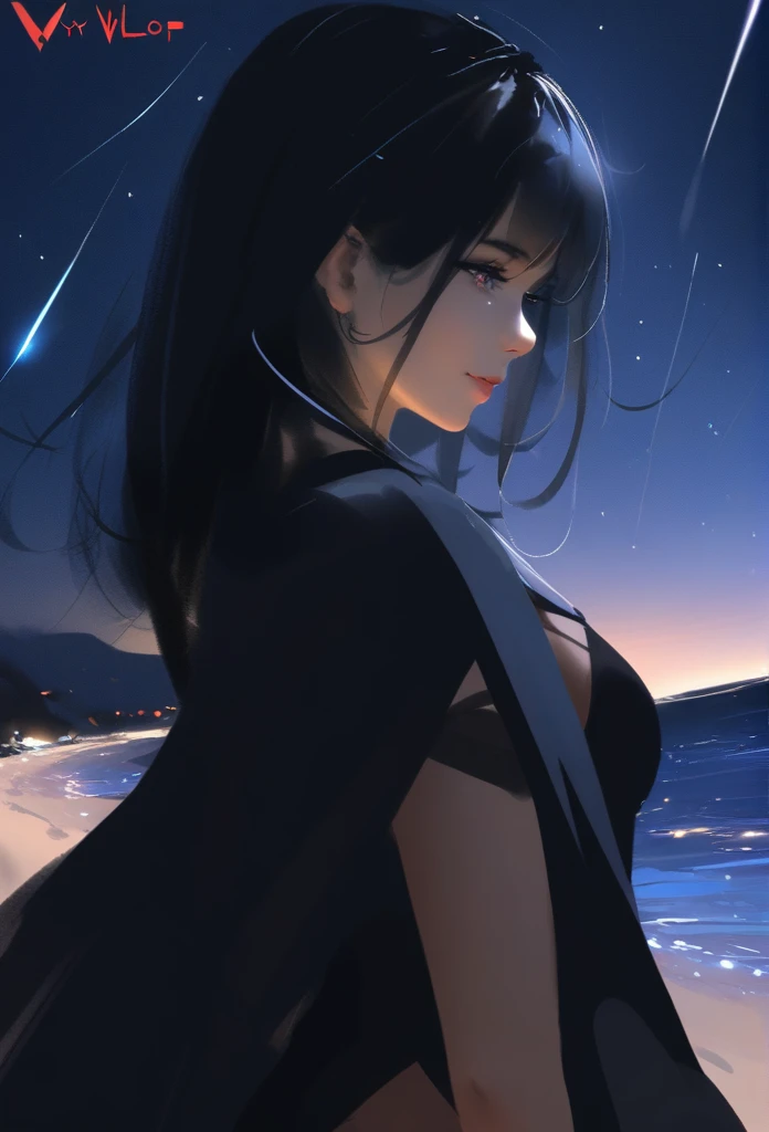 1girl, solo, wlop,
Long Black hair, gradient eyes, black cloak, seductive smile, 
beach, nighttime, shooting stars
masterpiece, best quality,